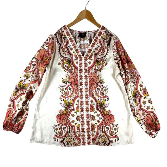 JM Collection Womens M Floral Bohemian V-Neck Blouse Retro Paisley Eclectic 70's - Picture 1 of 12